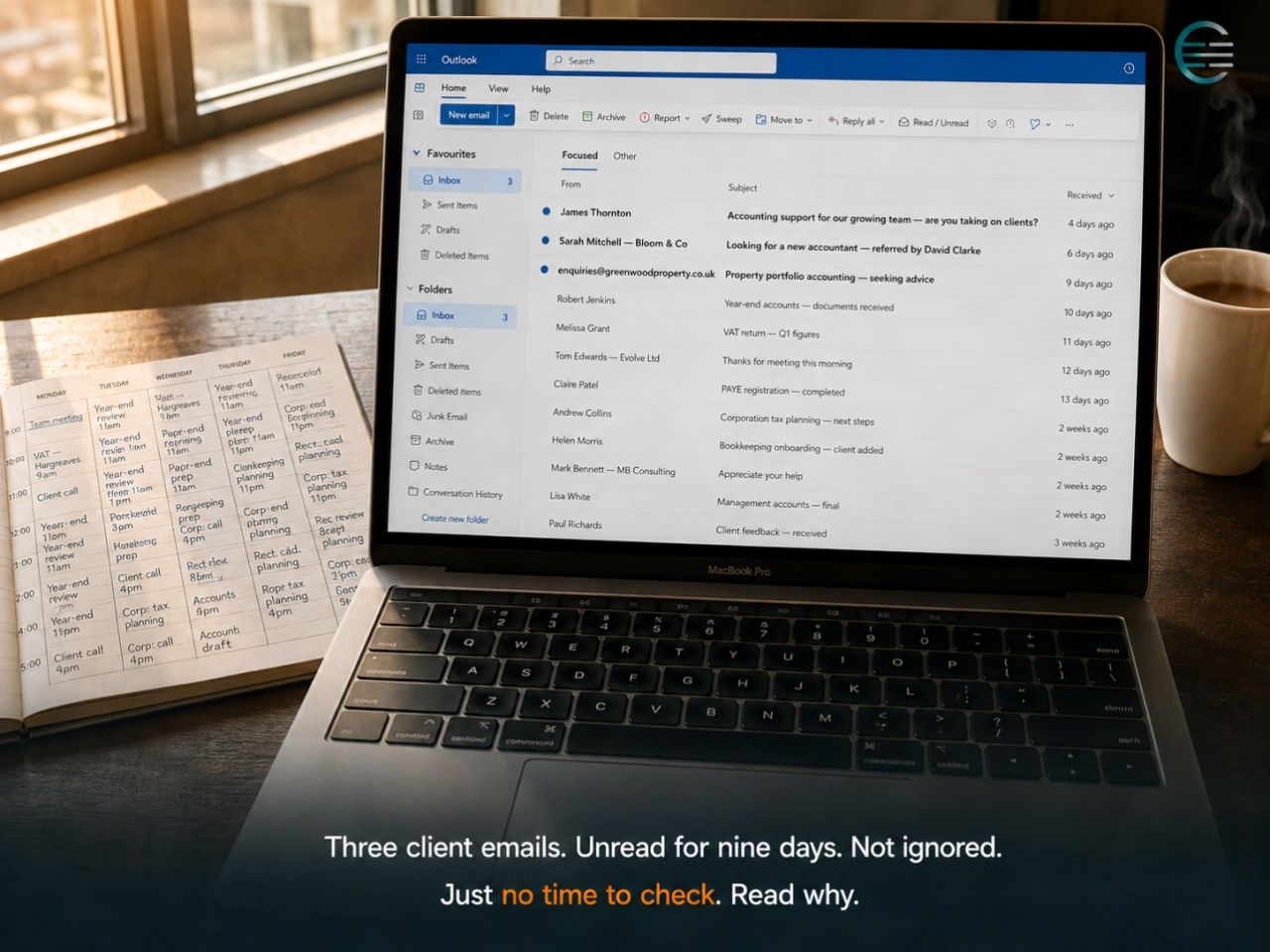 A laptop inbox showing three unread client enquiries sitting alongside a packed weekly diary